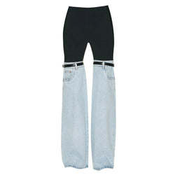 Edgy Stretched Panel Mid Waist Belted Hybrid Flared Jeans