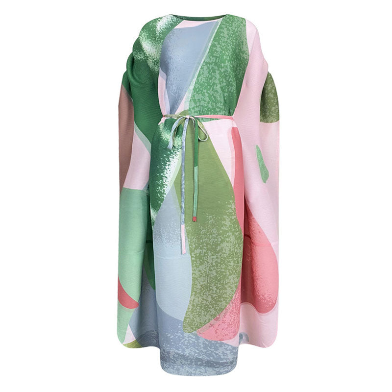 Elegant Color Block Pleated Ruched Sleeve Round Neck Belted Maxi Kaftan Dress