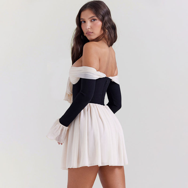 Elegant Contrast Color Ruched Bowknot Off The Shoulder Fit and Flare Mini Party Dress
