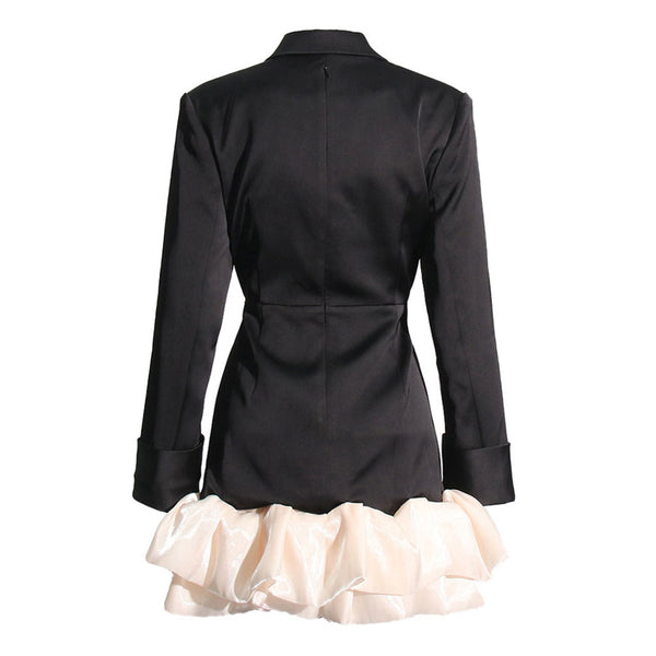 Elegant Crystal Button Up Lapel Collar Organza Ruffle Mini Satin Blazer Dress