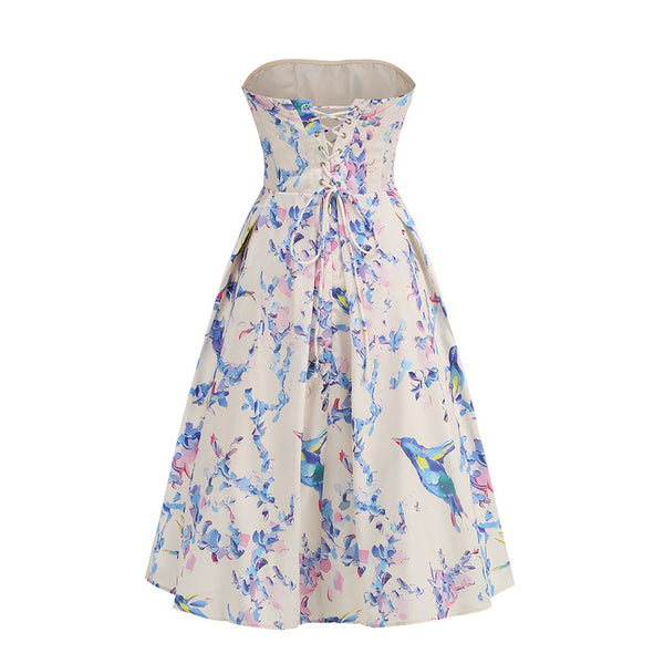 Elegant Floral Print Strapless Lace Up Pleated Fit Flare Midi Party Dress