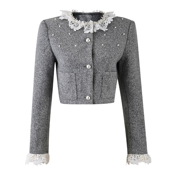Elegant Lacey Crew Neck Beaded Button Front Long Sleeve Crop Wool Blend Jacket