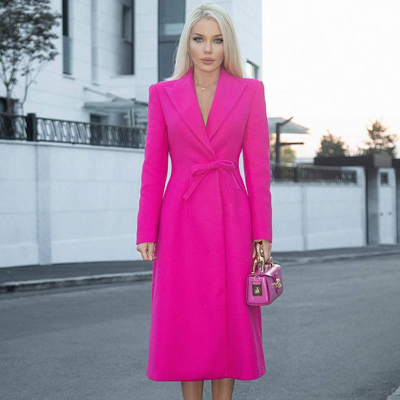 Elegant Notched Lapel Bow Waist Padded Long Sleeve Wool Blend Wrap Coa Luxedress