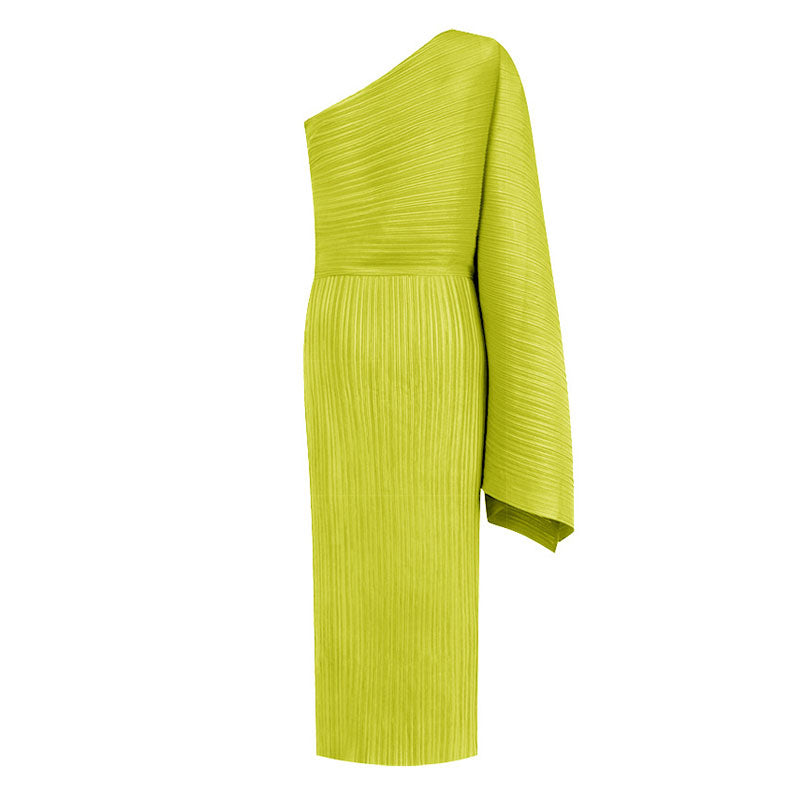 Elegant One Shoulder Exaggerated Sleeve Bodycon Pleated Prom Maxi Dress