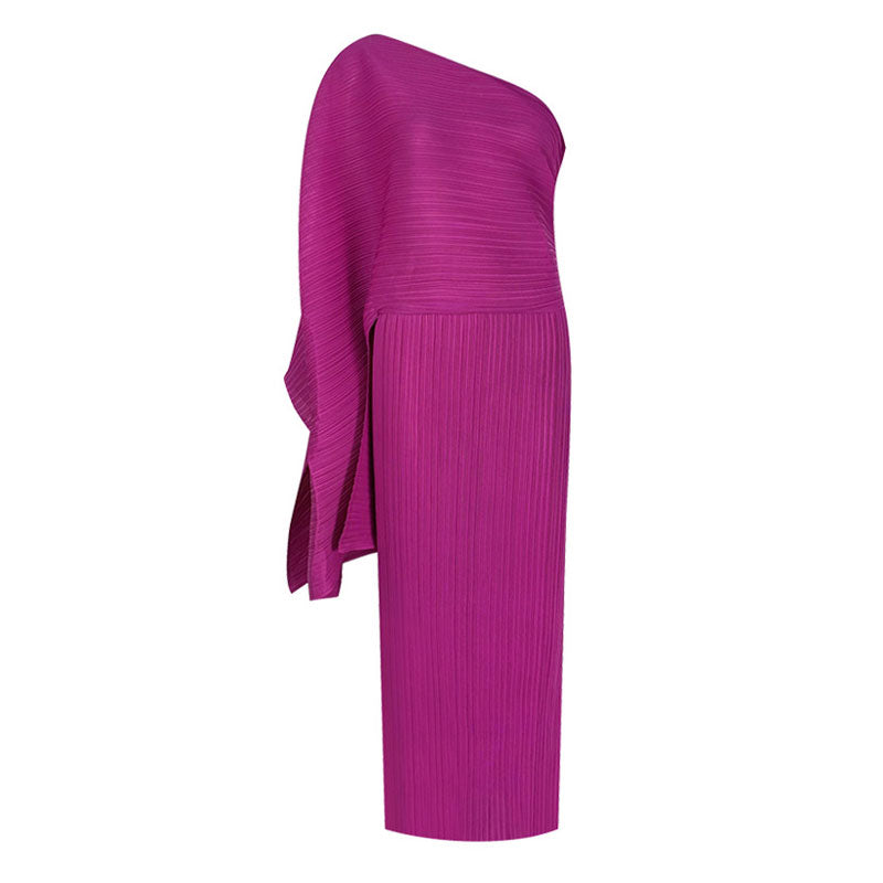 Elegant One Shoulder Exaggerated Sleeve Bodycon Pleated Prom Maxi Dress