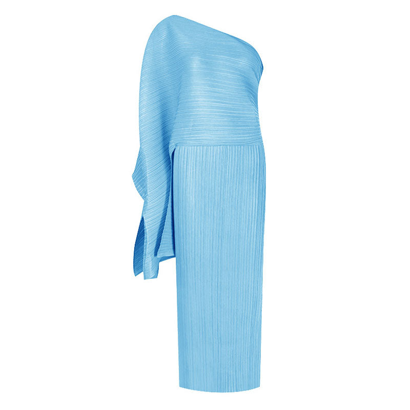 Elegant One Shoulder Exaggerated Sleeve Bodycon Pleated Prom Maxi Dress