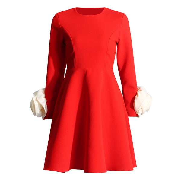 Elegant Rosette Crew Neck Long Sleeve Fit and Flare Mini Party Dress