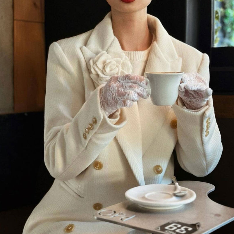 Elegant Rosette Lapel Collar Double Breasted Long Sleeve Herringbone Coat