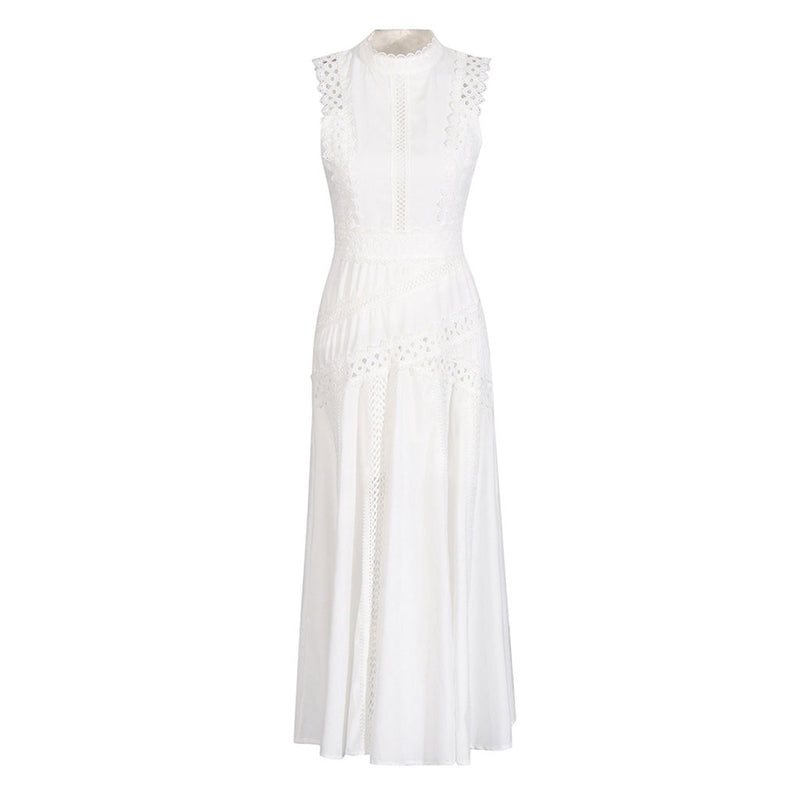 Elegant Scalloped Mock Neck Guipure Lace Fit Flare Sleeveless Midi Dress