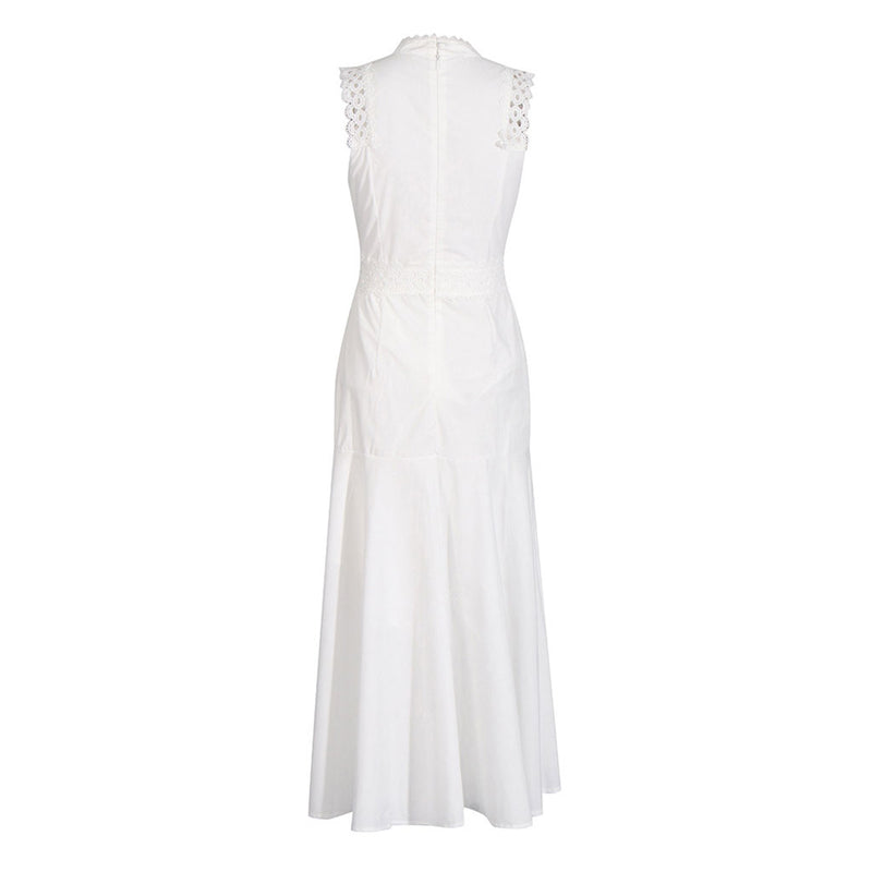 Elegant Scalloped Mock Neck Guipure Lace Fit Flare Sleeveless Midi Dress
