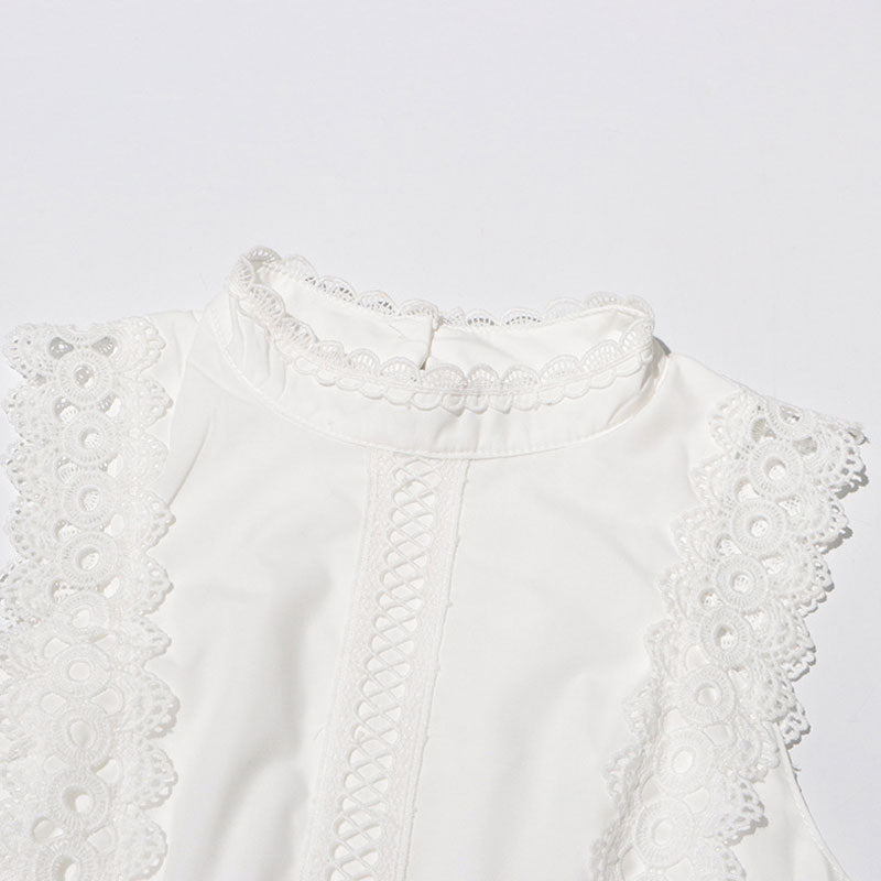 Elegant Scalloped Mock Neck Guipure Lace Fit Flare Sleeveless Midi Dress