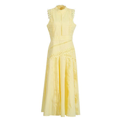 Elegant Scalloped Mock Neck Guipure Lace Fit Flare Sleeveless Midi Dress