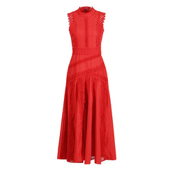 Elegant Scalloped Mock Neck Guipure Lace Fit Flare Sleeveless Midi Dress