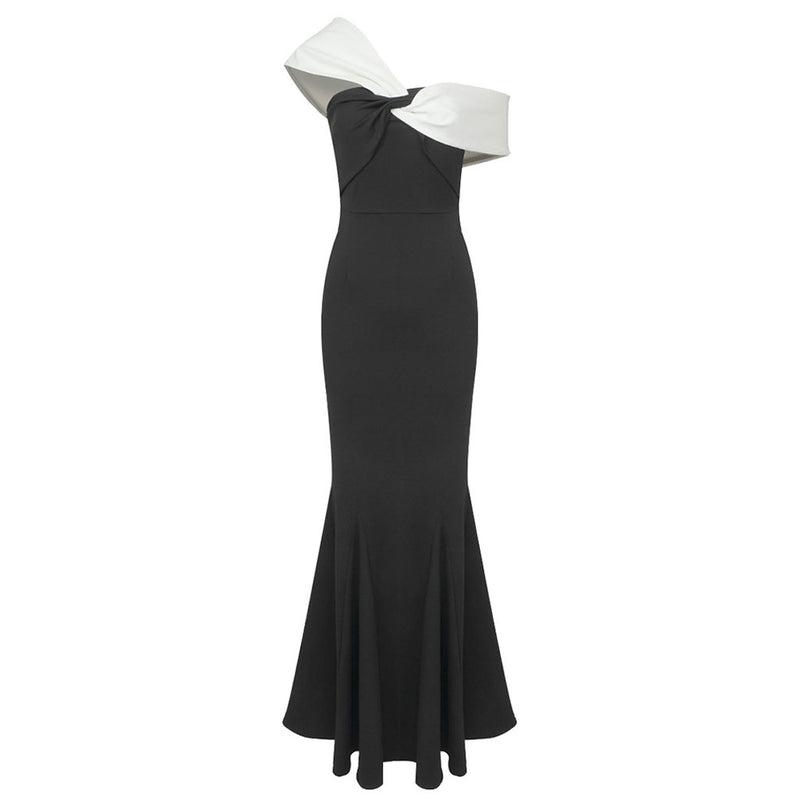 Elegant Style White and Black Twist One Shoulder Jersey Fishtail Maxi Dress
