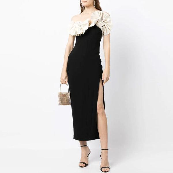 Elegant Two Tone Ruffled Fan Applique Strapless Bandage Maxi Evening Dress