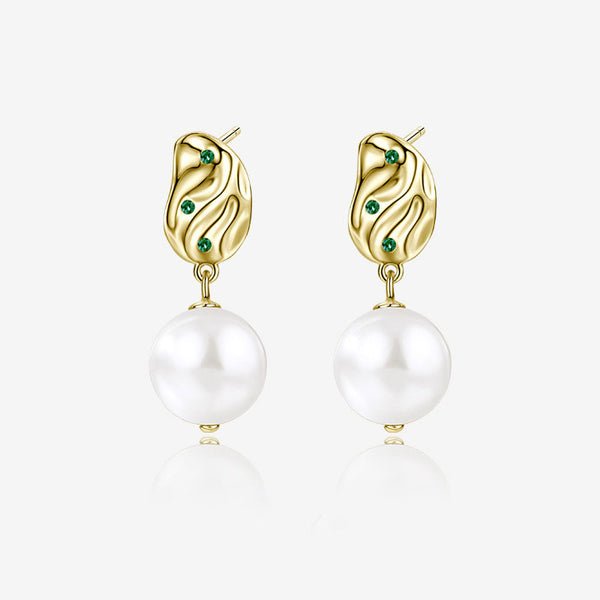 Emerald Cubic Zirconia Hammered Block Baroque Pearl Drop Earrings