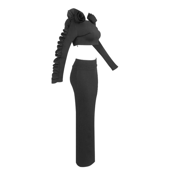 Exaggerated Ruffle Rosette Crop Top High Waist Maxi Rib Knit Skirt Matching Set