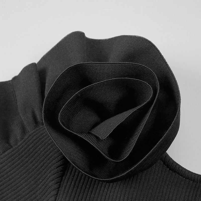 Exaggerated Ruffle Rosette Crop Top High Waist Maxi Rib Knit Skirt Matching Set