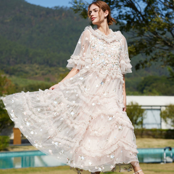 Exquisite Bell Sleeve Summer Tiered Ruffle Embroidered Floral Tulle Maxi Dress