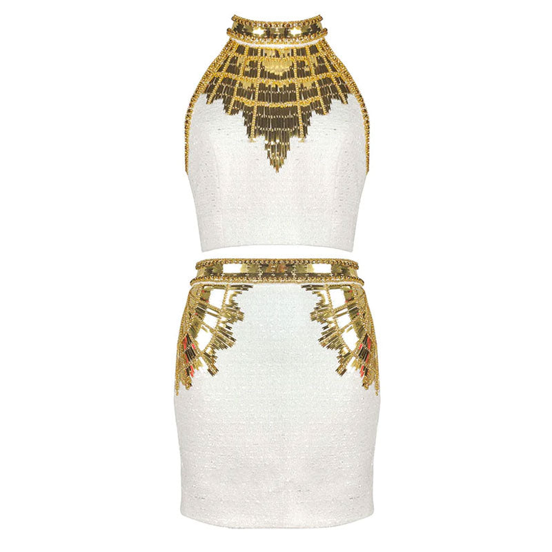 Exquisite Golden Tone Sequin Beaded High Waist Bodycon Tweed Mini Skirt