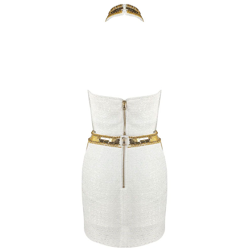 Exquisite Golden Tone Sequin Beaded High Waist Bodycon Tweed Mini Skirt