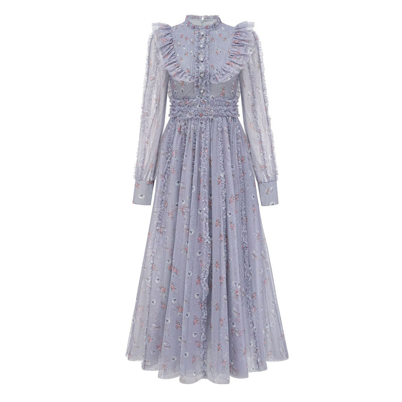 Fairytale Ruffle Mock Neck Puff Sleeve Floral Print Tulle Maxi Evening Dress