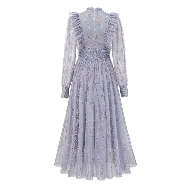 Fairytale Ruffle Mock Neck Puff Sleeve Floral Print Tulle Maxi Evening Dress