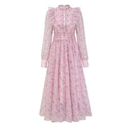 Fairytale Ruffle Mock Neck Puff Sleeve Floral Print Tulle Maxi Evening Dress