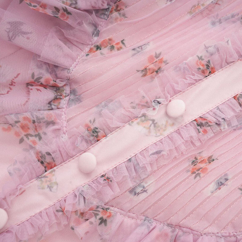 Fairytale Ruffle Mock Neck Puff Sleeve Floral Print Tulle Maxi Evening Dress
