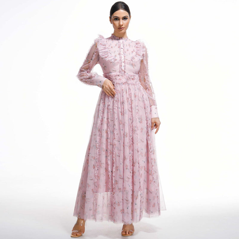 Fairytale Ruffle Mock Neck Puff Sleeve Floral Print Tulle Maxi Evening Dress