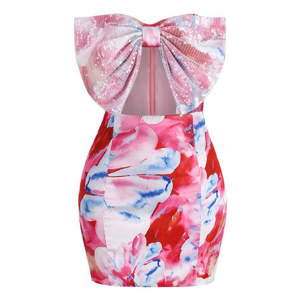 Fancy Sequin Big Bow Cutout Strapless Floral Printed Bodycon Mini Party Dress