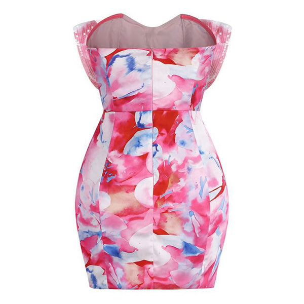 Fancy Sequin Big Bow Cutout Strapless Floral Printed Bodycon Mini Party Dress