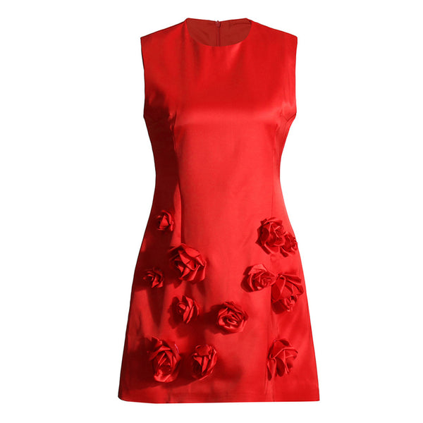 Feminine 3D Rosette Trim Solid Round Neck Sleeveless Mini Party Dress