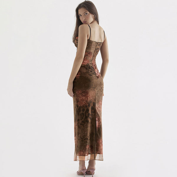 Feminine Floral Print Cami Back Slit Corset Bodycon Midi Mesh Dress