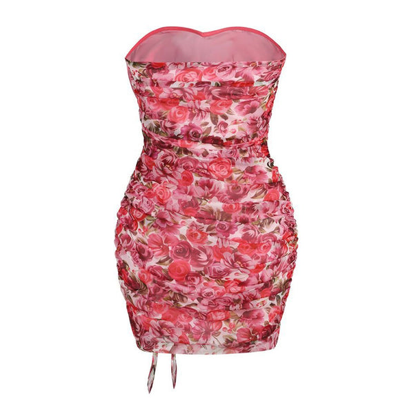 Feminine Floral Print Rosette Sweetheart Ruffle Trim Ruched Mini Tube Dress