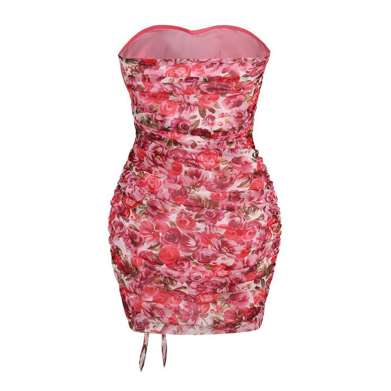 Feminine Floral Print Rosette Sweetheart Ruffle Trim Ruched Mini Tube Dress