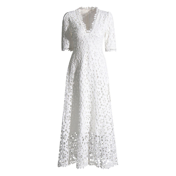 Feminine Lace Trim V Neck Half Sleeve Broderie Anglaise Fit and Flare Maxi Dress