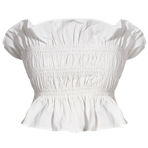 Feminine Solid Color Ruffled Trim Smocked Cropped Tube Top