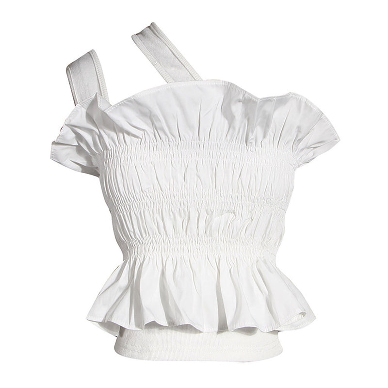Feminine Solid Color Ruffled Trim Smocked Cropped Tube Top