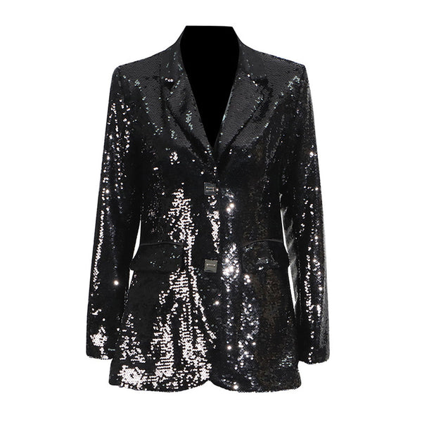 Festival Lapel Metallic Button Padded Long Sleeve Embellished Sequin Blazer
