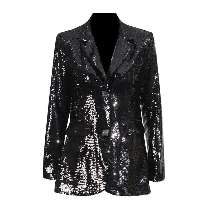 Festival Lapel Metallic Button Padded Long Sleeve Embellished Sequin Blazer
