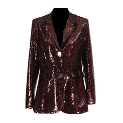 Festival Lapel Metallic Button Padded Long Sleeve Embellished Sequin Blazer