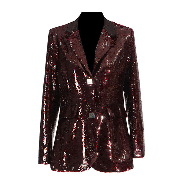 Festival Lapel Metallic Button Padded Long Sleeve Embellished Sequin Blazer