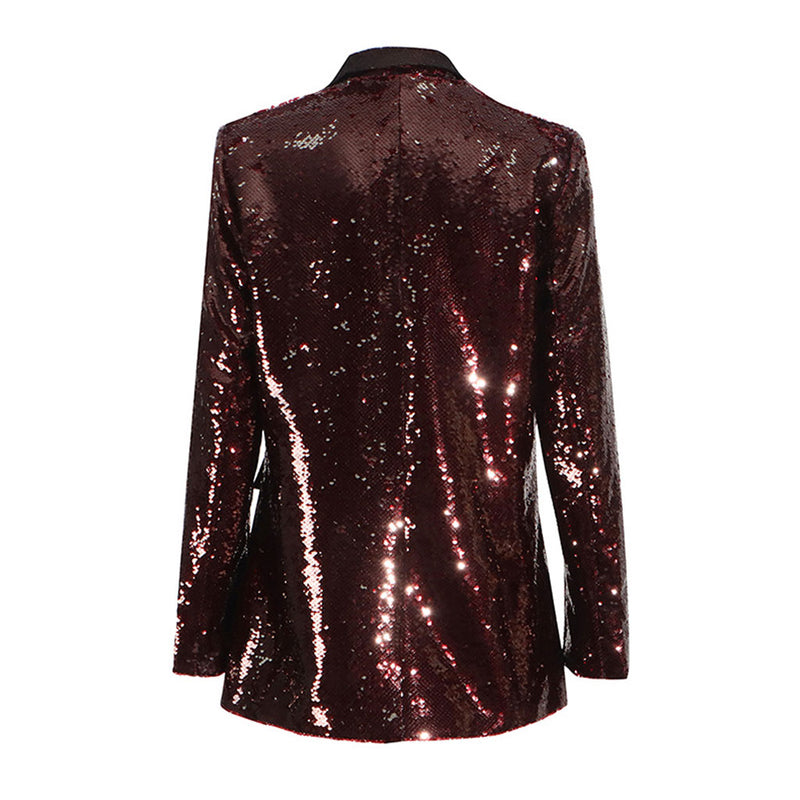 Festival Lapel Metallic Button Padded Long Sleeve Embellished Sequin Blazer