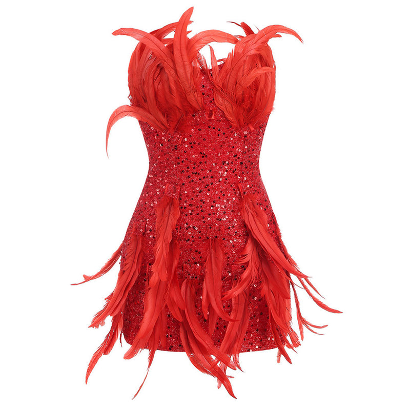 Flattering Feather Trim Sequin Embellished Strapless Bodycon Mini Party Dress