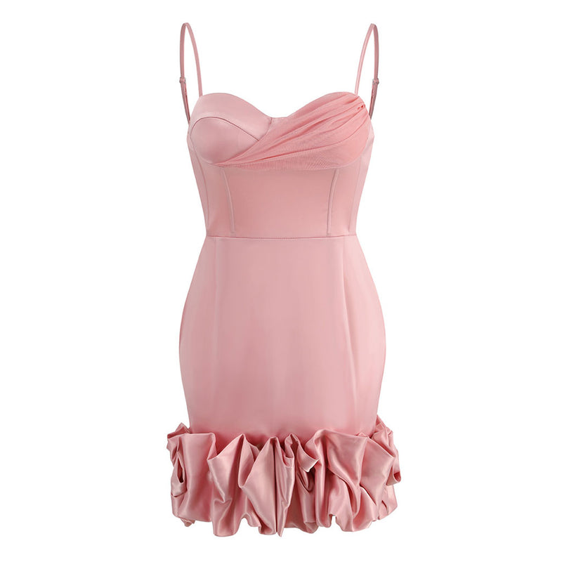 Flattering Ruched Mesh Panel Sweetheart Ruffle Cami Satin Bodycon Mini Party Dress