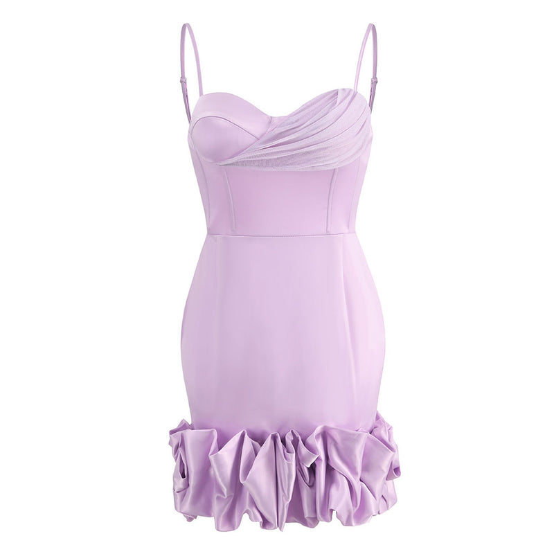 Flattering Ruched Mesh Panel Sweetheart Ruffle Cami Satin Bodycon Mini Party Dress