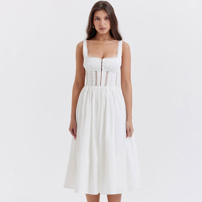 Flattering Square Neck Suspender Strap Sheer Lace Spliced Fit and Flare Midi Sundress