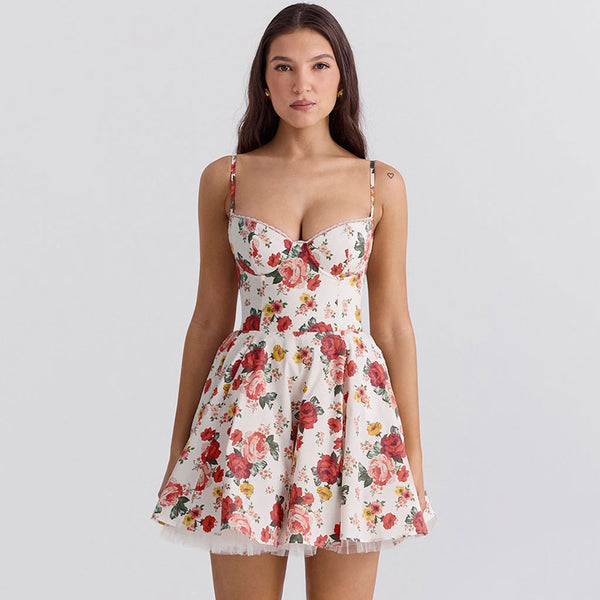 Floating Rose Print Cami Scalloped Bustier Fit and Flare Tulle Mini Sundress