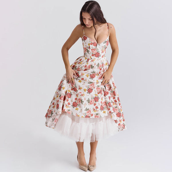 Floating Rose Print Scalloped Lace Bustier Fit and Flare Tulle Midi Sundress